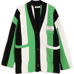 Jascls Striped Cardigan Sweater Womens L Button Pockets Green White Black Stripe
